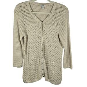 W L.L. Bean Vintage Cream Crochet Knit Button Down Sweater Cardigan Sz L Cottage
